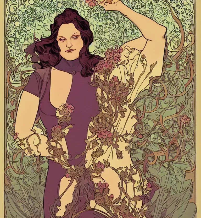 Image similar to Elizabeth Moss by Jamie McKelvie comic art, art nouveau, Peter Mohrbacher, Alphonse Mucha, full body shot