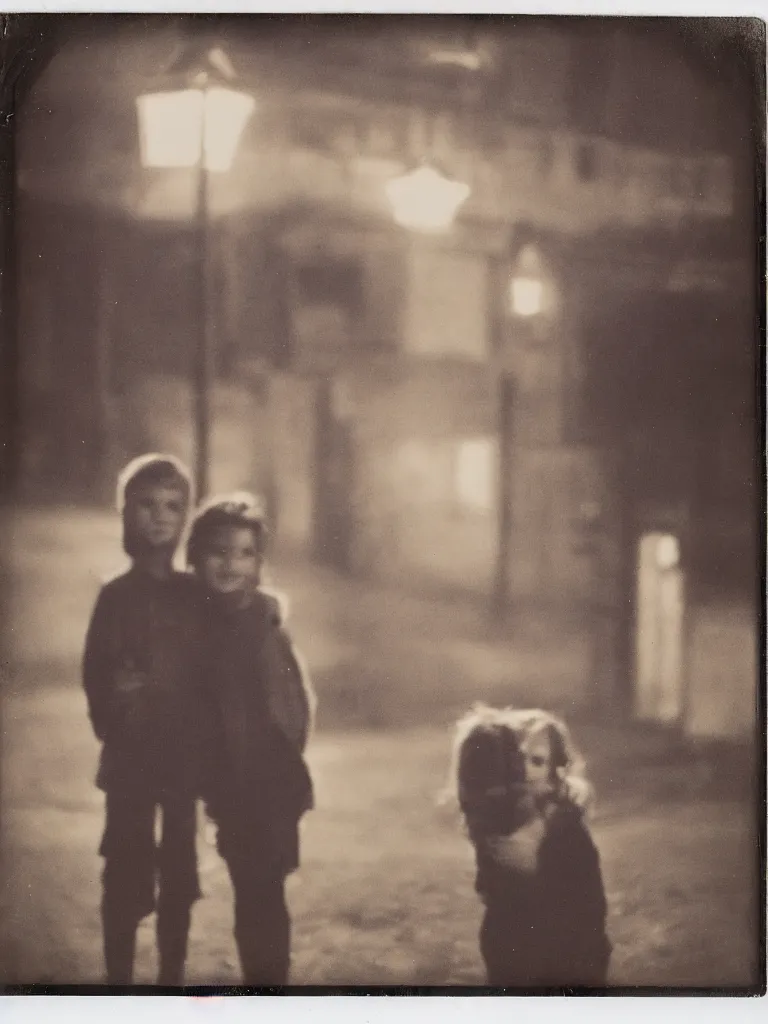 Prompt: a boy and a girl posing for a picture at night, rural area, town square, dimly lit, old polaroid