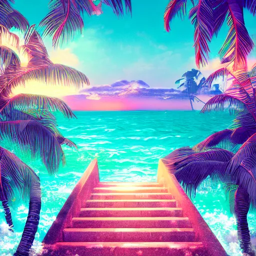 Image similar to a ancient pathway over the sea, vaporwave, retrowave epic art, trending on art station