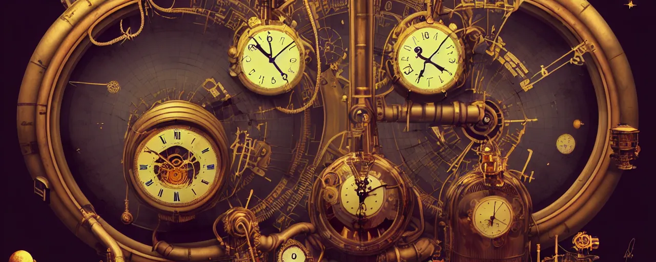 interior of a cluttered steampunk clock shop, father