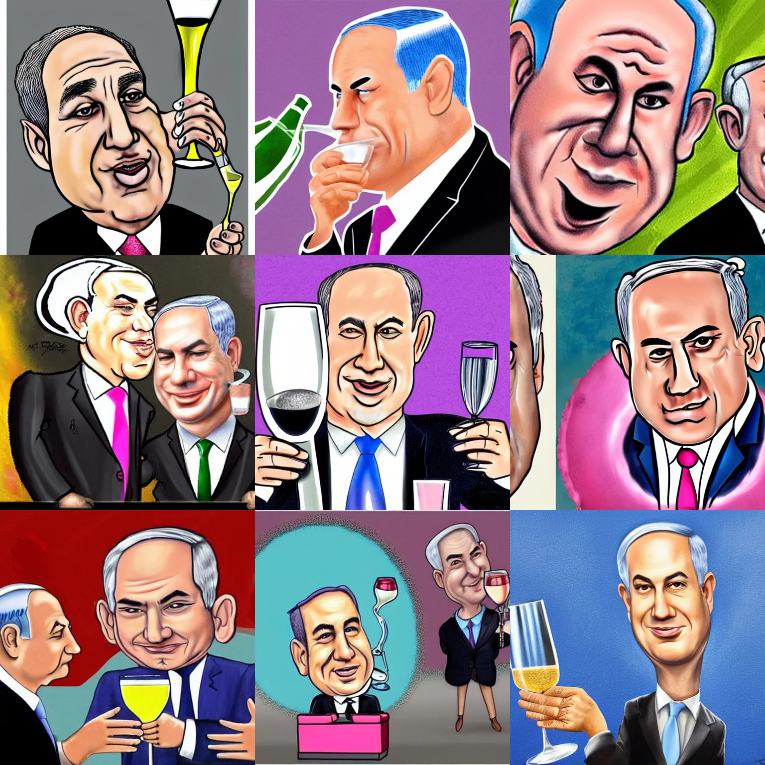 Prompt: an airbrushed caricature portrait of netanyahu drinking pink champagne