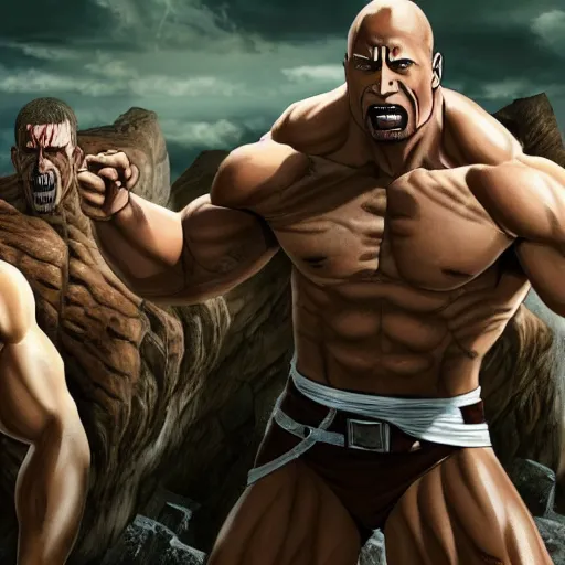 Prompt: Dwayne Johnson as a titan in Attack on Titan