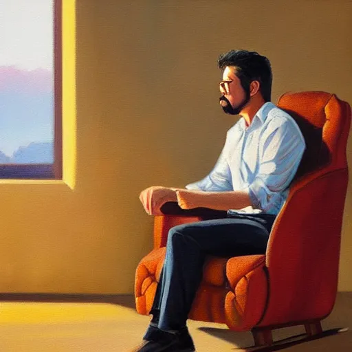 Prompt: detailed oil painting of tony stark sitting in an armchair in a room with the setting sun, by jama jurabaev, brush hard, golden hour