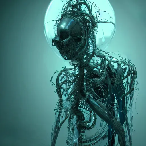 Image similar to a biomechanical ghost covered in fluid silk, veins nerves, tendons wires machines, highly detailed, backlit, dark atmosphere, octane render, unreal engine, photorealist, procedural light, grimy lab