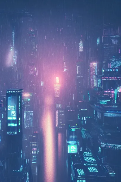 Image similar to an aerial photograph of a futuristic, blade runner city with heavy atmosphere. Flying vehicles. Volumetric light. Rainfall. Dystopic. Evening, neon lights. 8k. Filmic. By Dylan Cole. Highly detailed. Octane render.