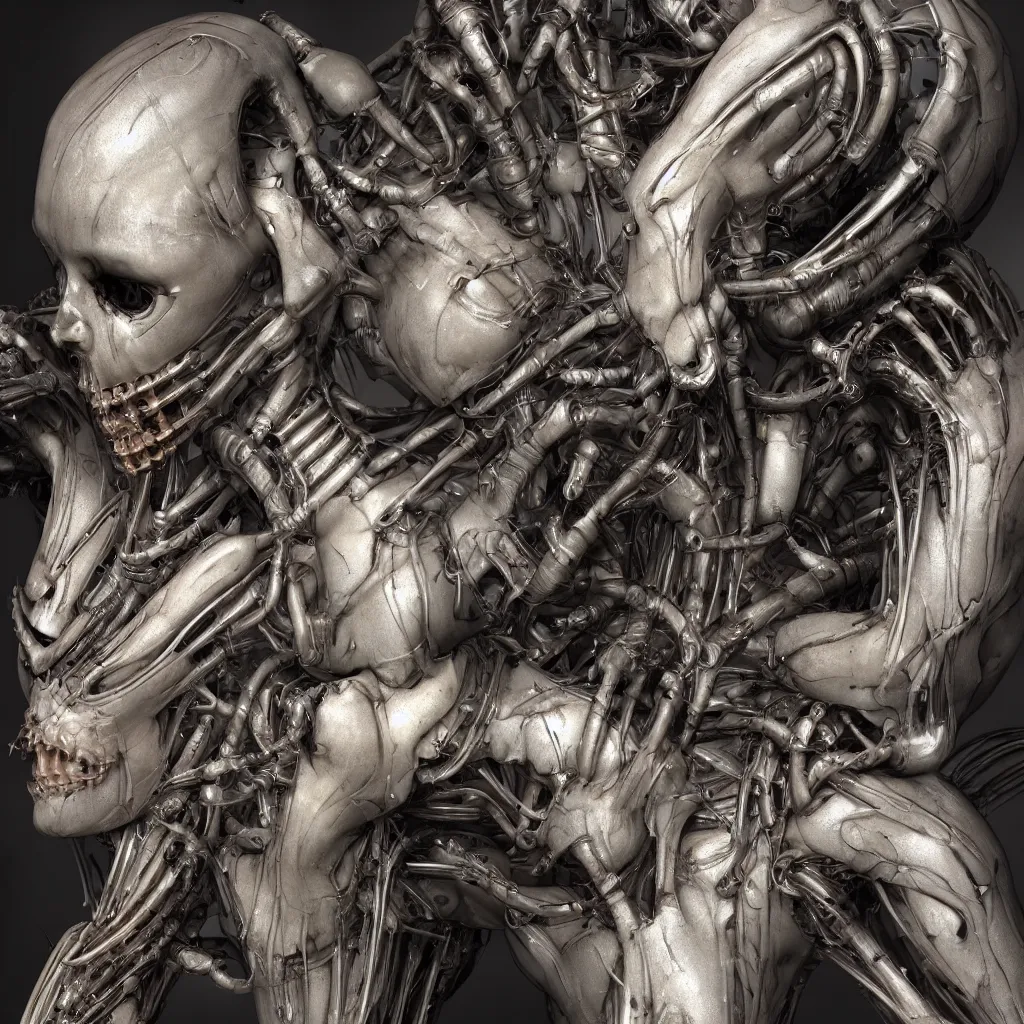 Image similar to a beautiful female is infected with a biomechanical suit, octane render, hyper realistic, art by hr giger, full profile, multiple angles