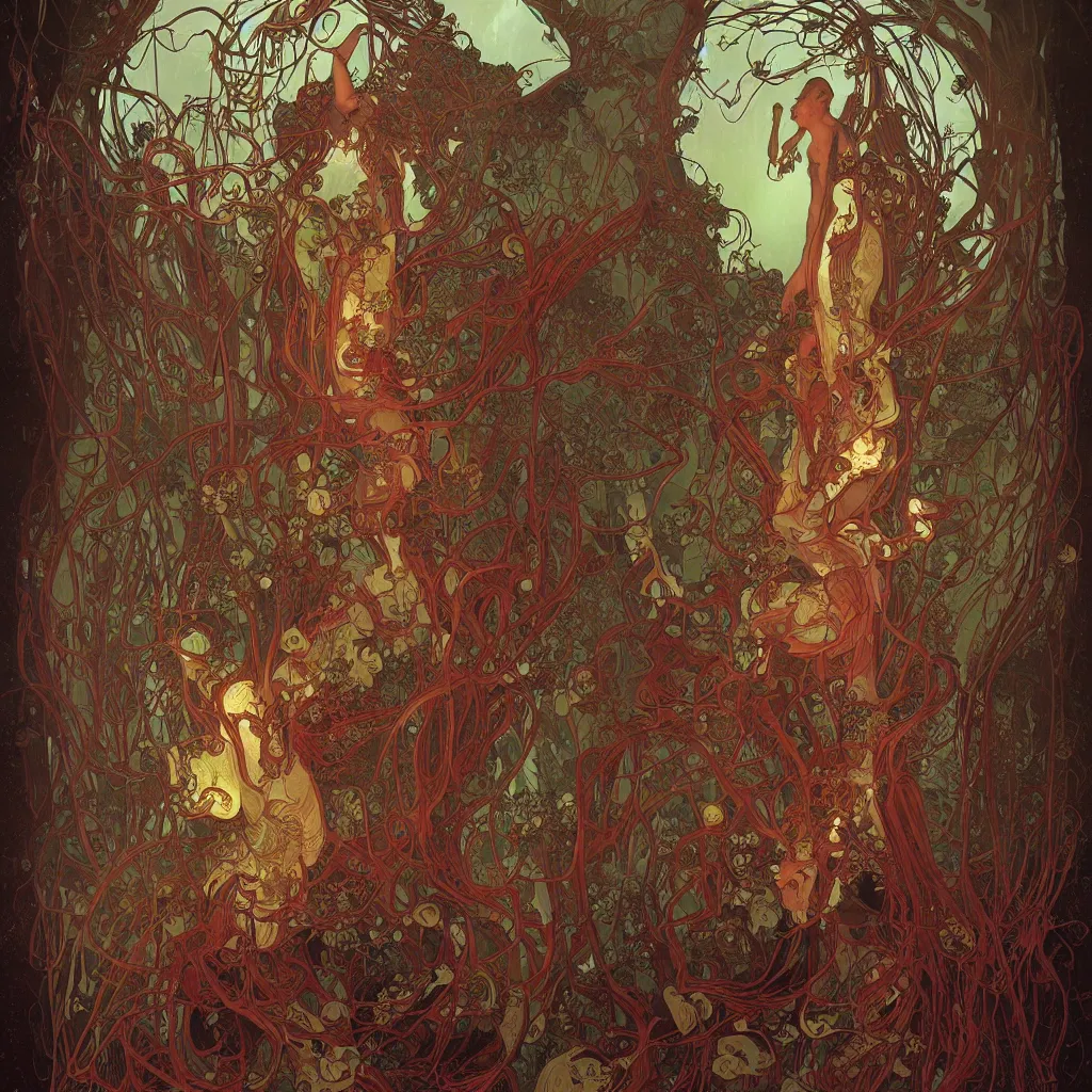 Image similar to fungus monsters by john sweeney and chris mars, red veins by alphonse mucha, intense lighting, light beams, lens flare, intricate, elegant, nightmare, highly detailed, digital painting, artstation, concept art, smooth, sharp focus, illustration