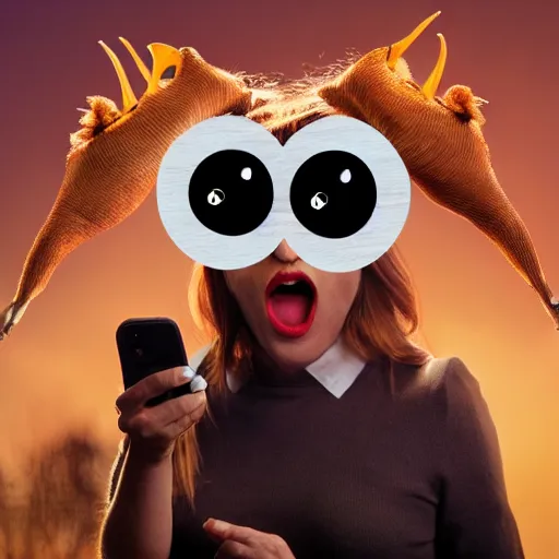 Image similar to crazy womon, big eyes with horn yelling at phone stick, newspsper style golden hour