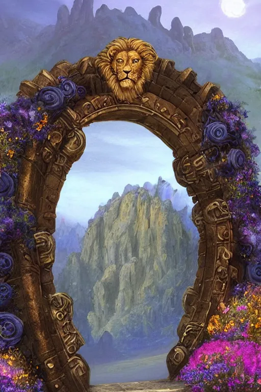 Image similar to A giant medieval fantasy energy portal gate with a rusty gold carved lion face with blue glowing eyes at the center of the gate, the portal takes you to another world, full of colorful flowers on the lost Vibes and mountains in the background, spring, delicate fog, sea breeze rises in the air, by andreas rocha and john howe, and Martin Johnson Heade, featured on artstation, featured on behance, golden ratio, ultrawide angle, f32, well composed, rule of thirds, center spotlight, low angle view