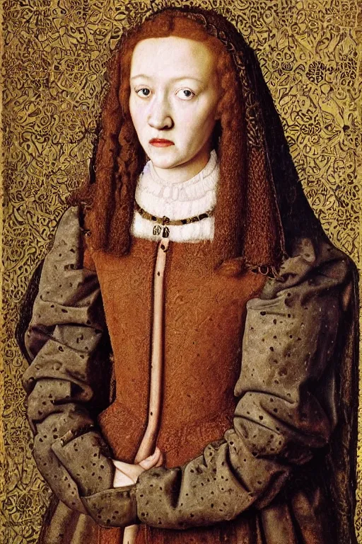 Image similar to portrait of julia garner, oil painting by jan van eyck, northern renaissance art, oil on canvas, wet - on - wet technique, realistic, expressive emotions, intricate textures, illusionistic detail