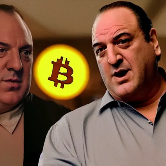 Image similar to Tony Soprano enthusiastically talking about Bitcoin at the Bada Bing