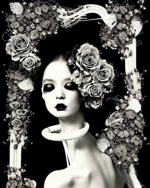 Prompt: dreamy surreal poetic black and white lithography of a beautiful young porcelain female-cyborg-vegetal with a very long neck and a super big gothic lace collar filled with dead flies and a very high big floral crown with many black dry roses by Vivienne Westwood:: smoke, high fashion, haute couture, rococo, avant-garde, elegant, dreamy, hyper realistic, 150 mm lens, soft rim light, octane render, unreal engine, volumetric lighting, dramatic light,8k,