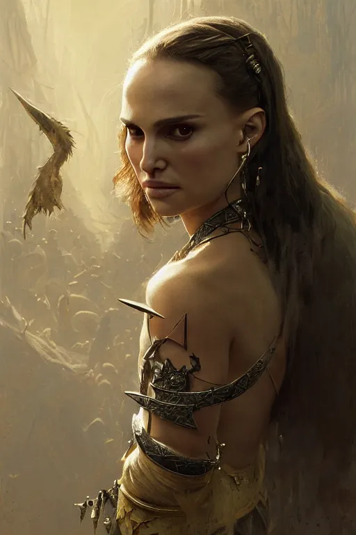 Image similar to natalie portman, legendary warrior, heroic, lord of the rings, tattoos, decorative ornaments, battle armor, by carl spitzweg, ismail inceoglu, vdragan bibin, hans thoma, greg rutkowski, alexandros pyromallis, perfect face, fine details, realistic shading photorealism