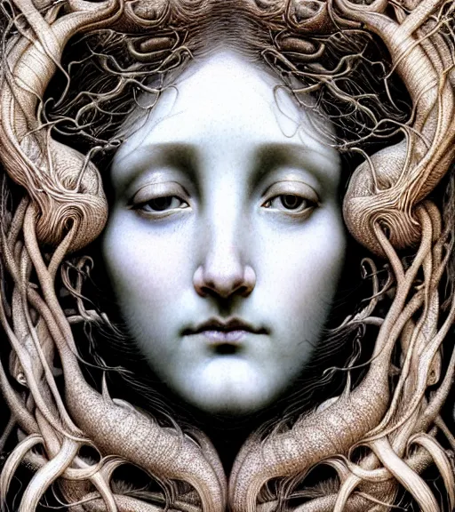 Prompt: detailed realistic beautiful winter goddess face portrait by jean delville, gustave dore, iris van herpen and marco mazzoni, art forms of nature by ernst haeckel, art nouveau, symbolist, visionary, gothic, neo - gothic, pre - raphaelite, fractal lace, intricate alien botanicals, ai biodiversity, surreality, hyperdetailed ultrasharp octane render