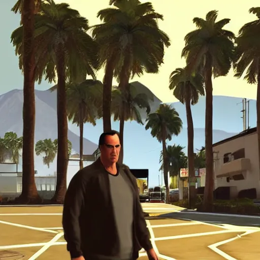 Image similar to Steven Seagal in GTA V . Los Santos in background, palm trees. in the art style of Stephen Bliss