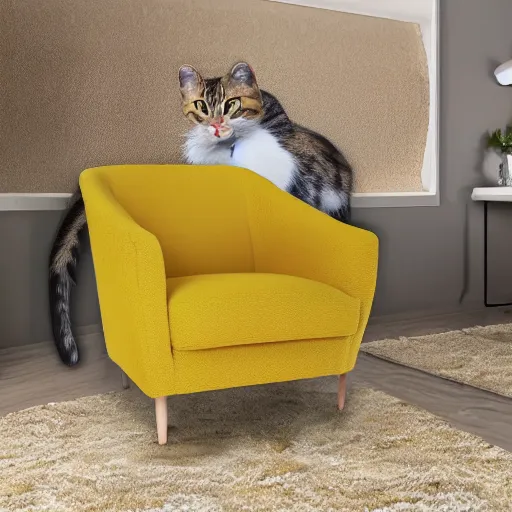 Image similar to cat in living room, cat wearing mustard yellow leisure suit, 7 0's decor, shag carpet, 4 k, 8 k, ultra detailed