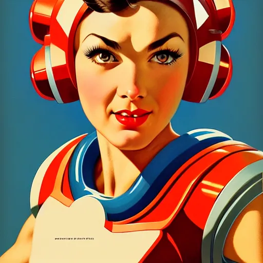 Prompt: head and shoulders portrait of a female Megaman, illustration, medium shot, intricate, elegant, highly detailed, digital art, ffffound, art by gil elvgren and sachin teng