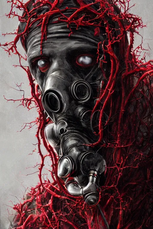 Prompt: realistic portrait beautiful detailed matte painting of cinematic movie scene a zombie with a gas mask, tentacles, black and red, thorns, vines, horror, created by gustave dore and greg rutkowski, high detailed, smooth draw, synthwave neon retro, intricate, realistic proportions, dramatic lighting, trending on artstation.