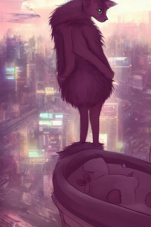 Image similar to a anthropomorphic cat with a fluffy tail staring over a cats city from the top of a roof, trending on furaffinity, cyberpunk, backlighting, cartoon, by kawacy