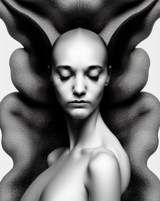 Image similar to a black and white 3D render of a beautiful portrait of a young female angelic-dragon-cyborg face with a very long neck, big clear eyes, thin nose, big lips, hair floating in the wind, 150 mm, flowers, Mandelbrot fractal, anatomical, flesh, facial muscles, veins, arteries, full frame, microscopic, elegant, highly detailed, flesh ornate, elegant, high fashion, rim light, ray trace, octane render in the style of H.R. Giger and Man Ray, Realistic, Refined, Digital Art, Highly Detailed, Cinematic Lighting, rim light, black and white, photo-realistic Unreal Engine, 8K