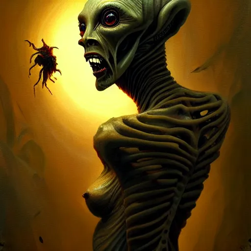 Prompt: ultra realist horror painting of a dimly lit attractive alien female and hellish creature together, very intricate details, focus, curvy, full frame image, artstyle hiraku tanaka and craig mullins, award winning