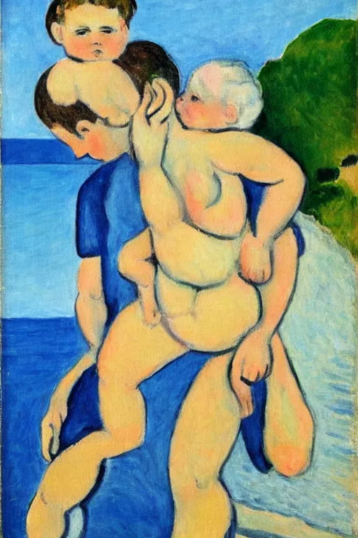 Prompt: a man holding his child over his shoulders walking near the beach, paiting by matisse, masterpiece