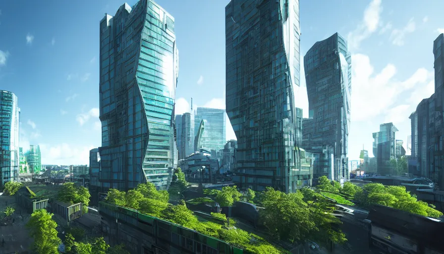 Image similar to futuristic glasgow with green buildings, green square, sunny day, volumetric light, reflections, hyperdetailed, artstation, cgsociety, 8 k