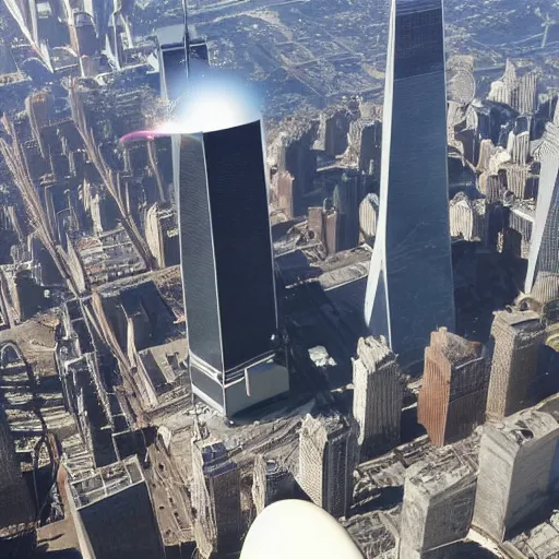 Image similar to UFO crashing into World trade center