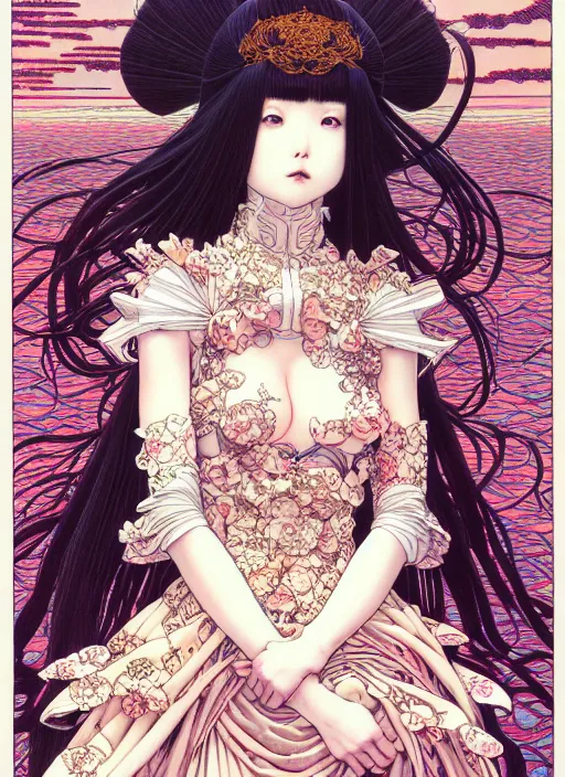 Prompt: highly detailed illustration yoneyama mai, artstation, katsuhiro otomo, fluorescent, fantastic, fate, manga poster of princess mechine, minaba hideo, takato yamamoto, long hair, art nouveau, armor, laces, ruffles, 8 k, maximalist,