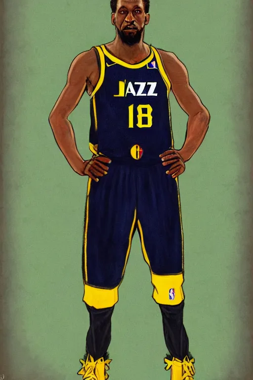 Image similar to full body portrait of the dictator of the nba utah jazz, 1 8 8 9, in full military garb, navy, green, yellow, oil on canvas by william sidney mount, trending on artstation