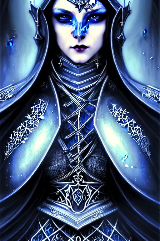 Image similar to beautiful luxury and gothic and victorian and evil medieval female blue & white color armor knight portrait+smoky eyes+light flowing hair, in ruin gothic cathedral, ultradetail face, art and illustration by tian zi and craig mullins and WLOP and alphonse mucha, fantasy, intricate complexity, human structure, fantasy world concept, watermark, blurry, hyperrealism 8k