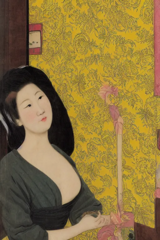 Prompt: an asian woman emerges from yellow wallpaper decorated with sensual feminine faces by charles walter stetson