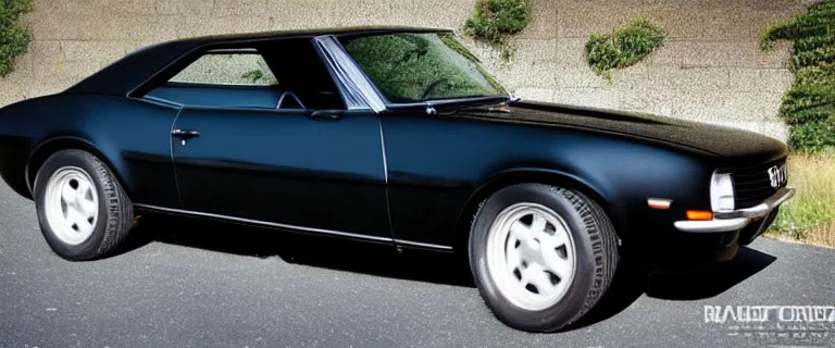 Image similar to all black audi camaro b 1 ( 1 9 6 7 ), restomod, establishing shot