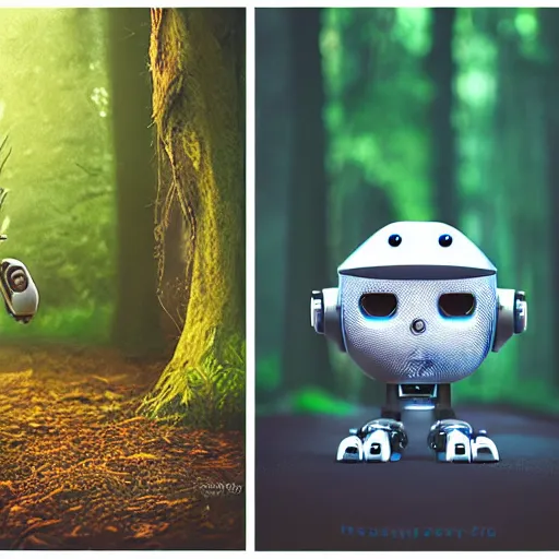 Image similar to very cute robot, portrait, pixar style, forest background, cinematic lighting, award winning creature portrait photography