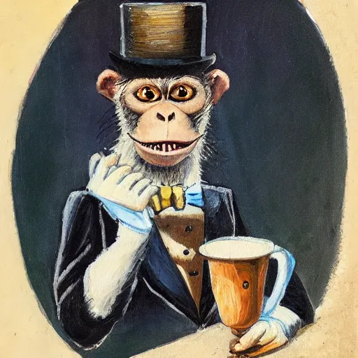 Image similar to a monkey wearing a monocle and a top hat drinking tea, brush strokes, oil painting