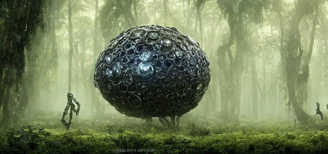 Image similar to a complex organic fractal 3 d metallic symbiotic ceramic humanoid megastructure creature in a swampy lush forest, foggy, sun rays, cinematic shot, photo still from movie by denis villeneuve, wayne barlowe