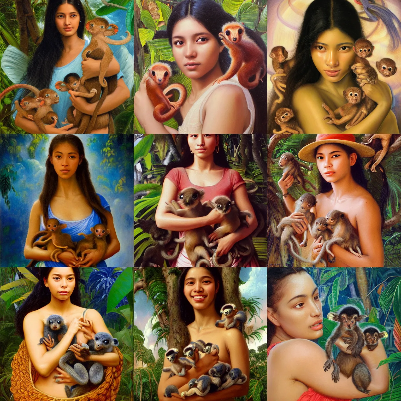 Prompt: a ultradetailed beautiful painting of a latina brazilian venezuelan young woman holding several small monkeys in the amazonas by cheng hsiaoron, ngai victo, nivanh chanthara jean delville wlop and dougherty patrick, trending on artstation, scifi, futurism, postcapitalism, octane rendering, sharp focus, soft light