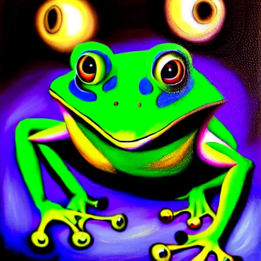 Image similar to vr painting of abstract surrealist forms frog by yvonne mcgillivray by mandy jurgens by michael divine, powerful eyes glowing highly detailed painting, spiritual abstract forms, symmetrical, trending on art station, abstract emotional, very beautiful, fantasy digital art, highly detailed patterned visionary art, magic symbols, by michael divine, cosmic nebula, black gold color scheme