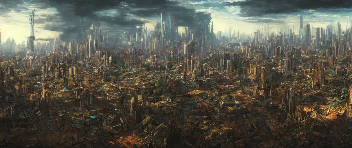 Prompt: a highly detailed painting of an abandoned cyberpunk city in the style of thomas cole, aerial view