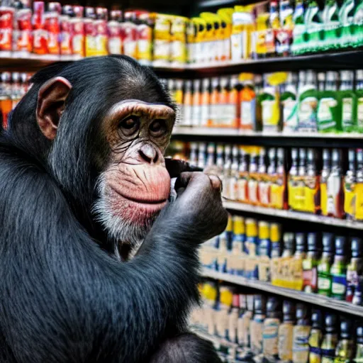 Image similar to a chimpanzee drinking beer in a corner shop