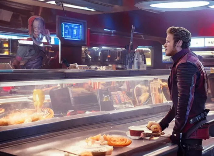 Image similar to film still of Star Lord working at McDonald's in the new Guardians of the Galaxy movie, 4k