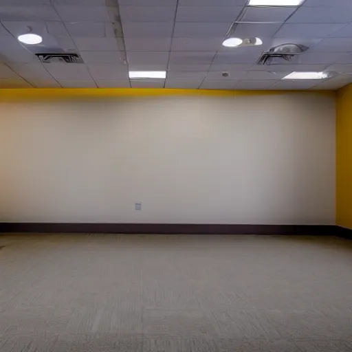 Image similar to empty 9 0 s office building with no windows doors or furniture. the building has brown carpet and yellow wallpaper