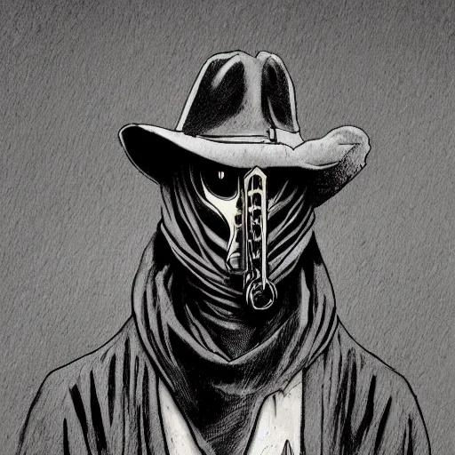 Prompt: a portrait of a plague doctor gunslinger, dark fantasy, horror, western, hell, ultrafine detailed digital pencil art by takeshi obata and mike mignola, death note style, colored by greg rutkowski, symmetric body, cgsociety, sharp focus, detailed face, looking at the camera