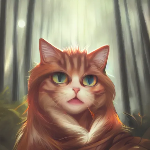 Image similar to a portrait of a cat in the forest, trending on artstation, trending on furaffinity, digital art, by kawacy, anime, furry art, warm light, backlighting, cartoon, concept art