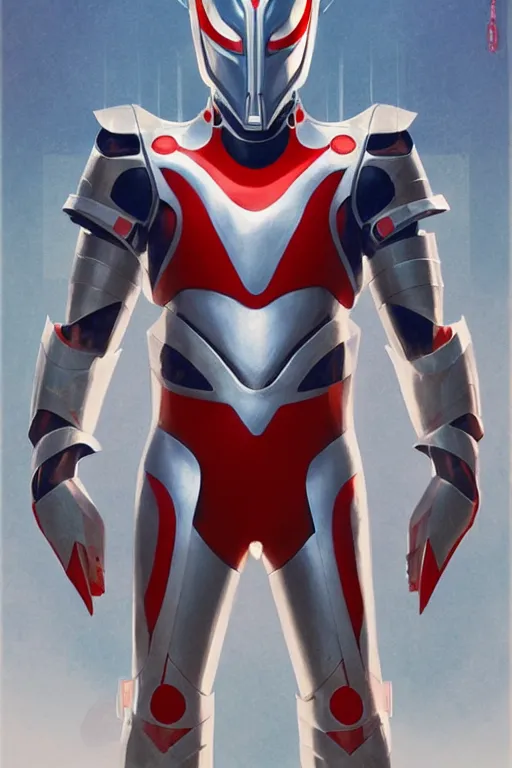 Image similar to poster of a ultraman with japanese armor and helmet, symmetrical, art by greg rutkowski, matte painting, trending on artstation