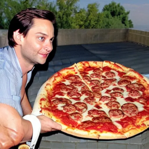 Image similar to tobey maguire eating the biggest pizza in the world