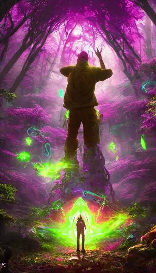 Prompt: a graffiti writer from the future on the middle of a purple forest looking to a sci fi ancient god holding a portal that's about to explode into a psychedelic realm, in the style of WLOP, oil painting, epic, fantasy, hyper detailed, smooth, Unreal Engine 5, sharp focus, ray tracing