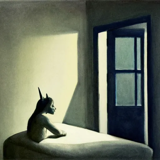 Image similar to close up of a black unicorn in a liminal hotel room, watercolor by gottfried helnwein, by hammershøi, art noveau, highly detailed, lights by edward hopper, liminal, eerie, bright pastel colors