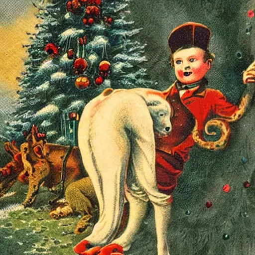 Image similar to a breathtakingly weird bizarre victorian christmas card