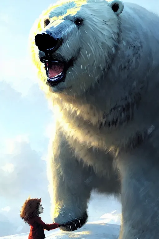 Image similar to comic book cover. giant fluffy polar bear ridden by a small girl by greg rutkowski, trending on artstation